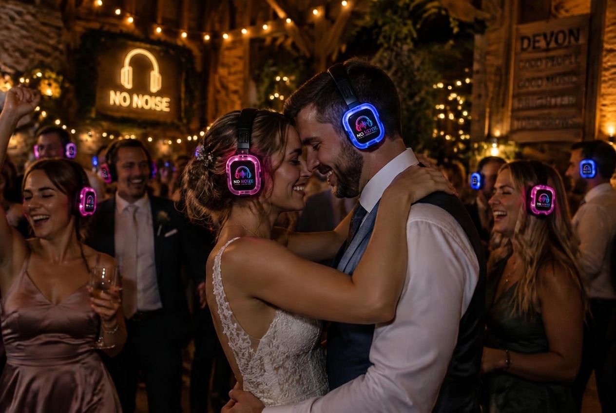 Bride, groom and guests dancing in a Devon barn wearing glowing No Noise silent disco headphones