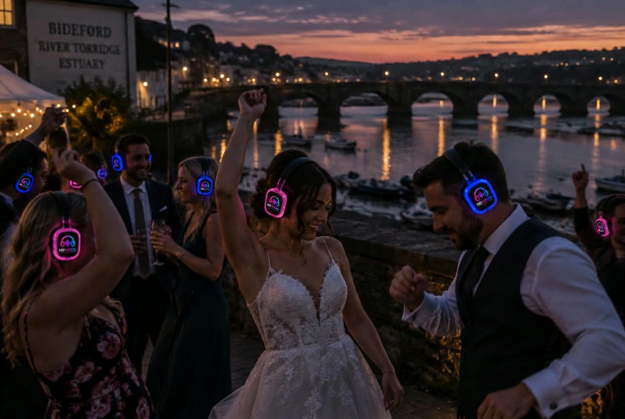 Wedding guests dancing in No Noise silent disco headphones beside the River Torridge in Bideford at dusk