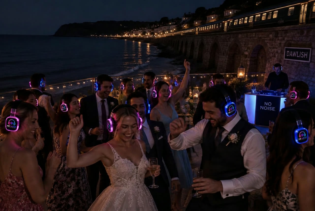 Wedding guests dancing in No Noise silent disco headphones beside the sea wall at Dawlish in the evening
