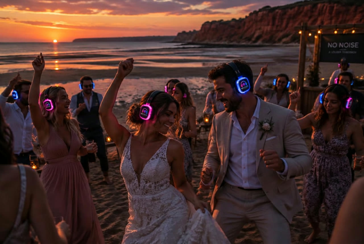 Bride and groom dancing in No Noise silent disco headphones on Exmouth beach at sunset