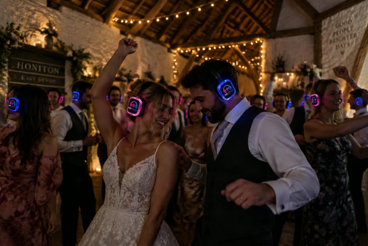 Wedding guests dancing in No Noise silent disco headphones inside an East Devon barn near Honiton