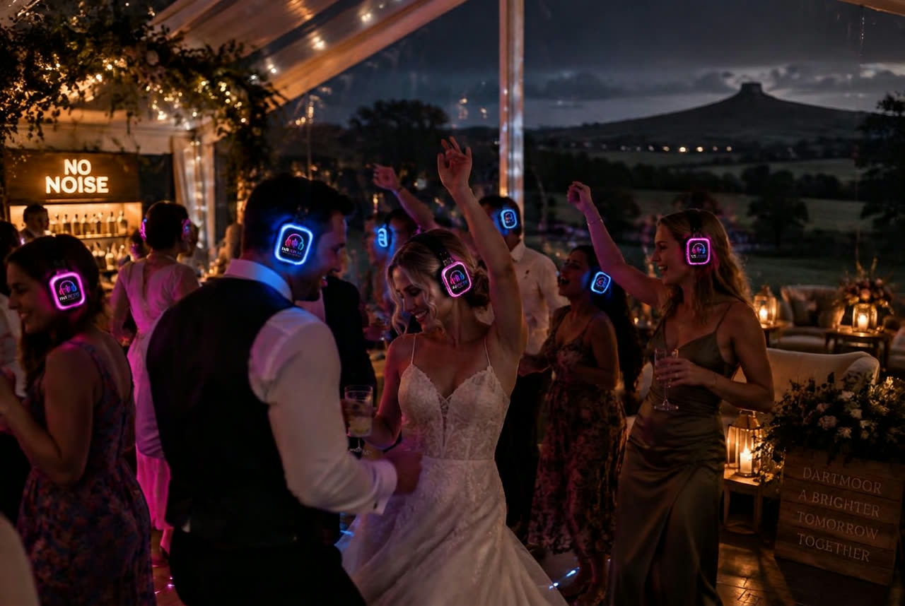 Wedding guests dancing in No Noise silent disco headphones in a marquee near Newton Abbot on the edge of Dartmoor