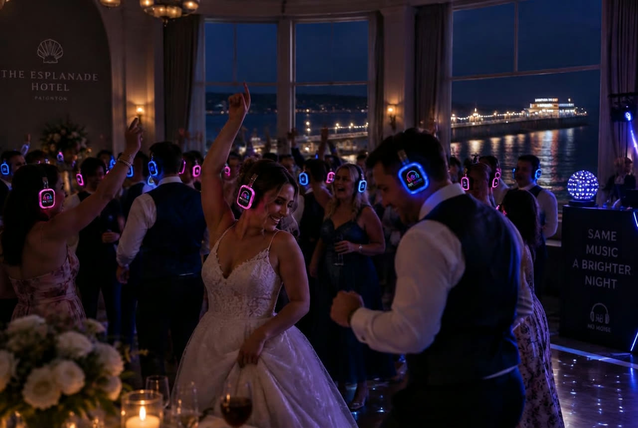 Wedding guests dancing in No Noise silent disco headphones in a Paignton seaside hotel ballroom overlooking Torbay