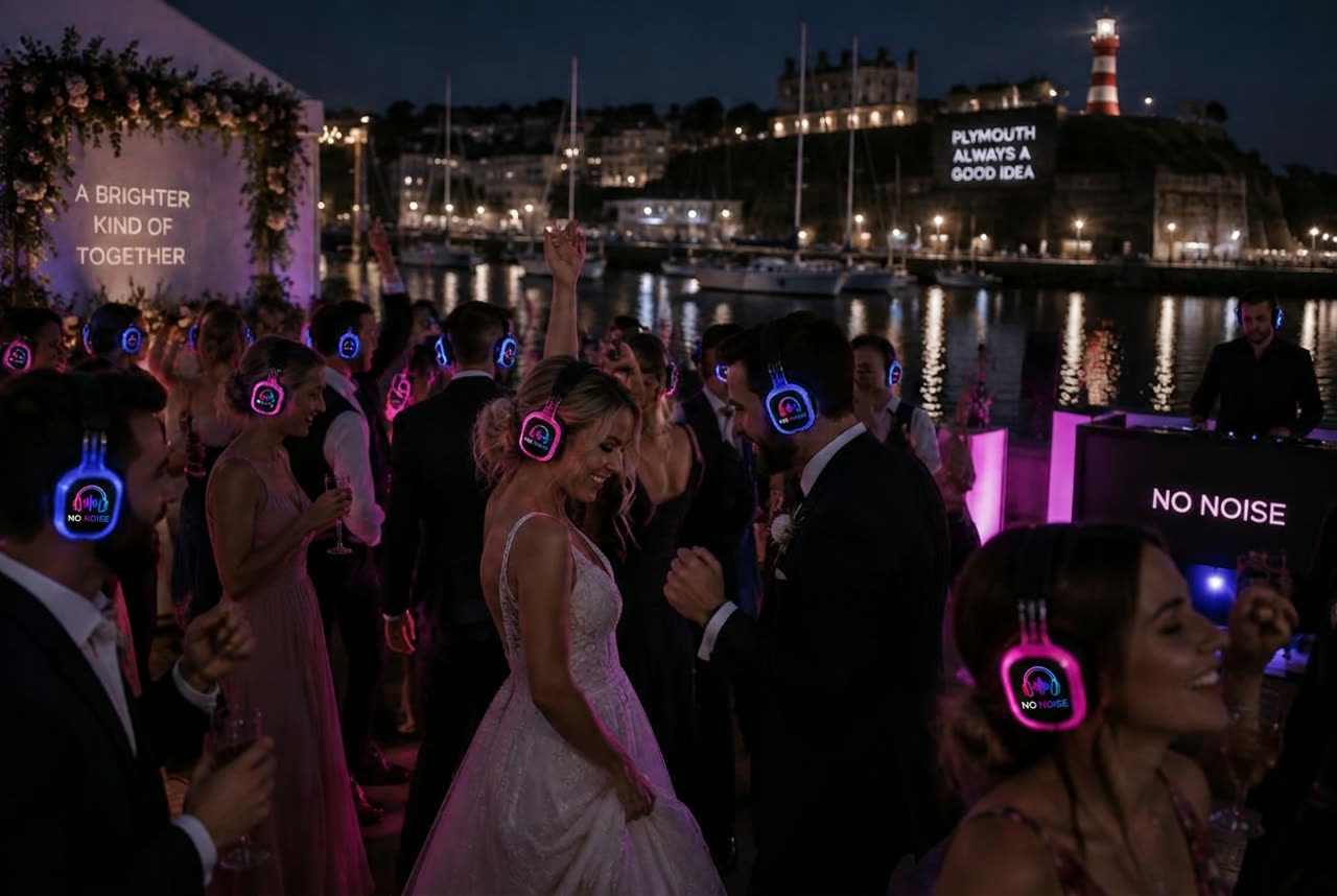 Wedding guests dancing in No Noise silent disco headphones at a Plymouth waterfront evening reception