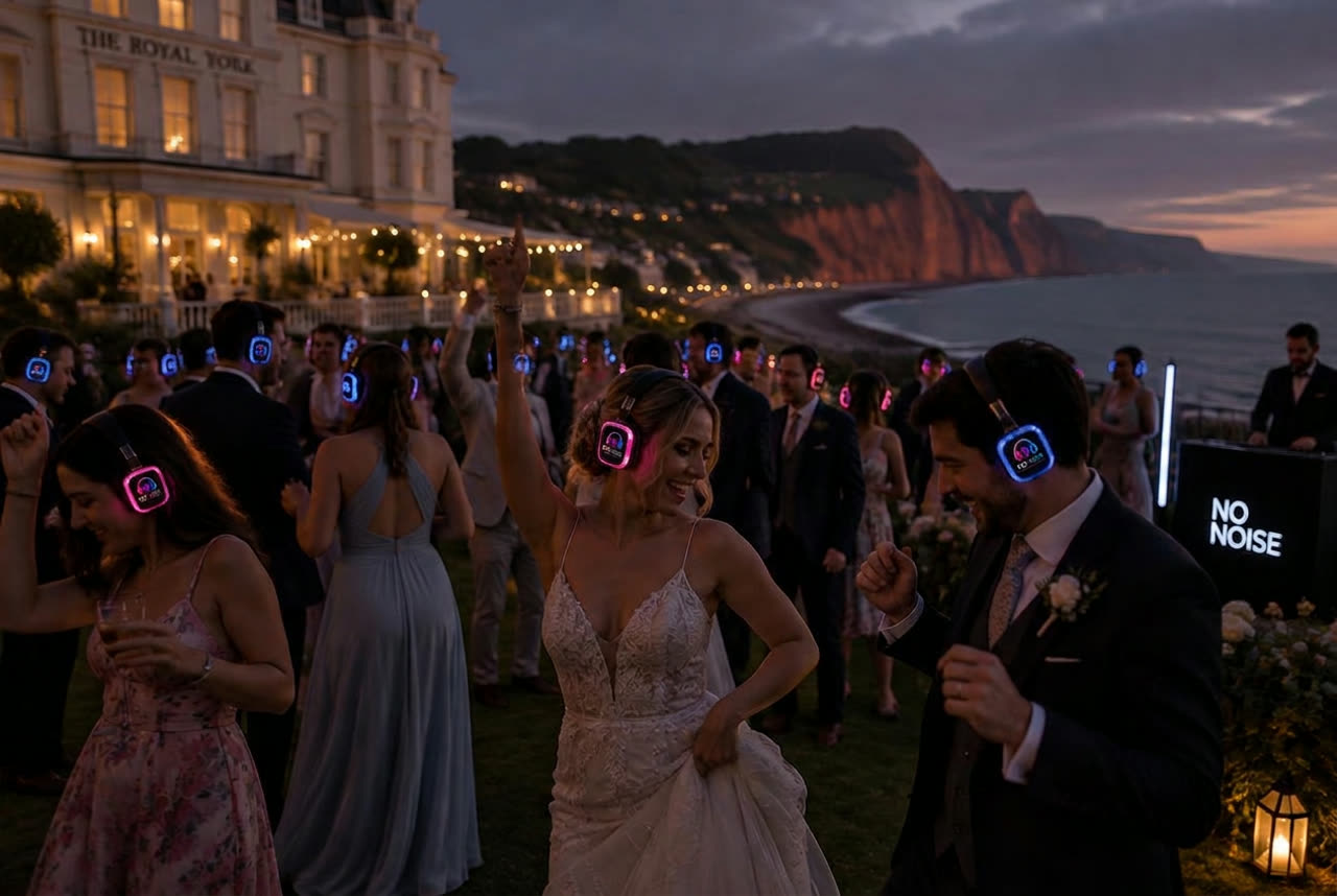 Wedding guests dancing in No Noise silent disco headphones on a Sidmouth seafront hotel lawn beside the Jurassic Coast