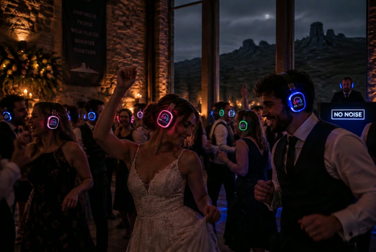 Wedding guests dancing in No Noise silent disco headphones at a granite Dartmoor-edge venue near Tavistock