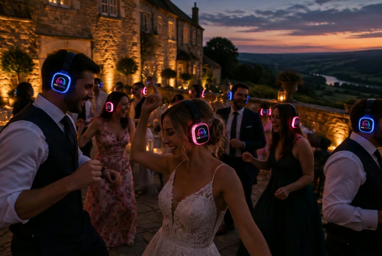 Wedding guests dancing in No Noise silent disco headphones at a country house courtyard near Tiverton in mid Devon