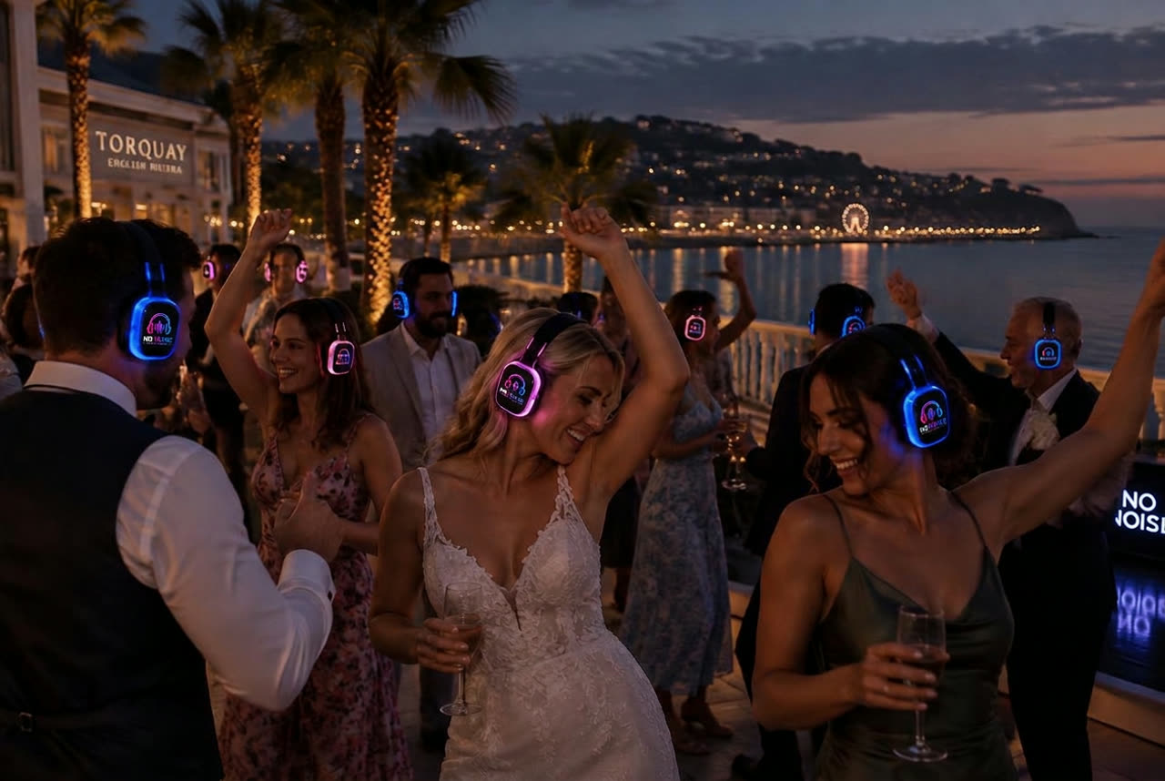 Wedding party dancing in glowing No Noise silent disco headphones on a Torquay seafront terrace at dusk